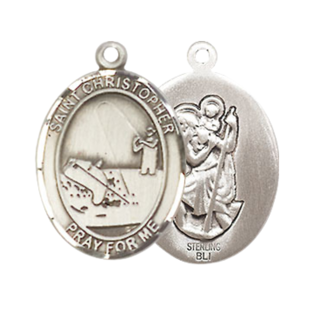 Medium Men's .925 Sterling Silver Saint St. Christopher Fishing Medal Pendant on 24 Inch Endless Rhodium Plated Heavy Curb Brass Chain, Catholic Religious Necklace - Made in USA- Deluxe Velvet Gift Box