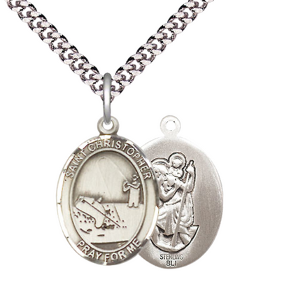 Medium Men's .925 Sterling Silver Saint St. Christopher Fishing Medal Pendant on 24 Inch Endless Rhodium Plated Heavy Curb Brass Chain, Catholic Religious Necklace - Made in USA- Deluxe Velvet Gift Box