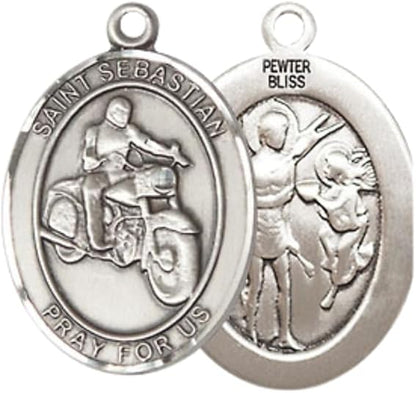 Everlasting Light Jewelry Medium Women's Pewter Saint St. Sebastian Motorcycle Pendant Necklace on 18- inch Rhodium- Plated Lite Curb Brass Chain – Patron Saint St. of Athletes & Soldiers, Catholic Medal – Velvet Gift Box Included