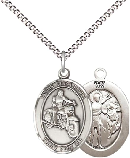 Everlasting Light Jewelry Medium Women's Pewter Saint St. Sebastian Motorcycle Pendant Necklace on 18- inch Rhodium- Plated Lite Curb Brass Chain – Patron Saint St. of Athletes & Soldiers, Catholic Medal – Velvet Gift Box Included