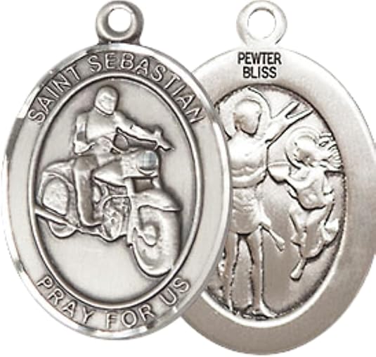 Medium Men's Pewter Saint St. Sebastian Motorcycle Medal Pendant on 24 Inch Endless Rhodium Plated Heavy Curb Brass Chain, Catholic Religious Necklace - Made in USA- Deluxe Velvet Gift Box