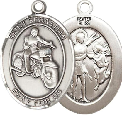 Medium Men's Pewter Saint St. Sebastian Motorcycle Medal Pendant on 24 Inch Endless Rhodium Plated Heavy Curb Brass Chain, Catholic Religious Necklace - Made in USA- Deluxe Velvet Gift Box