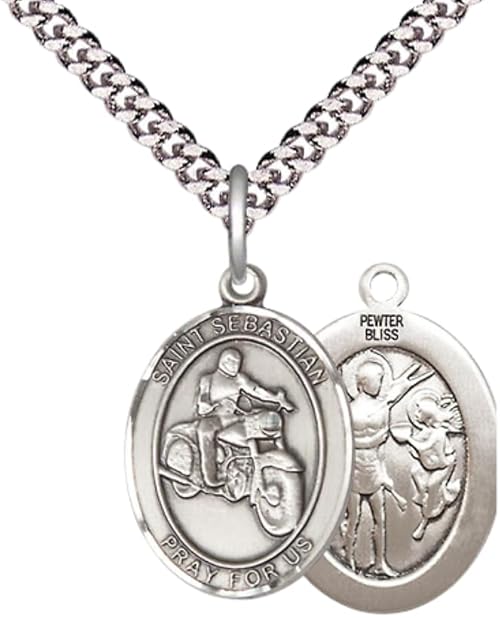 Medium Men's Pewter Saint St. Sebastian Motorcycle Medal Pendant on 24 Inch Endless Rhodium Plated Heavy Curb Brass Chain, Catholic Religious Necklace - Made in USA- Deluxe Velvet Gift Box