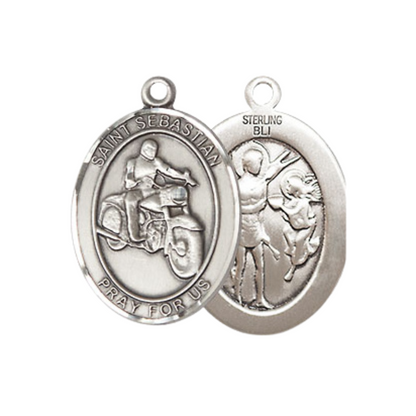 Medium Women's .925 Sterling Silver Saint St. Sebastian Motorcycle Pendant Necklace on 18 Inch Rhodium Plated Lite Curb Brass Chain – Patron Saint St. of Athletes & Soldiers, Catholic Medal – Velvet Gift Box Included