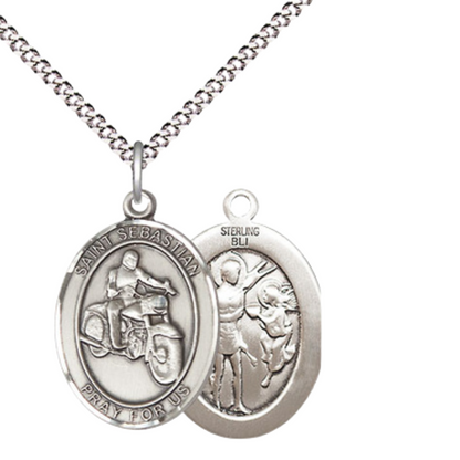 Medium Women's .925 Sterling Silver Saint St. Sebastian Motorcycle Pendant Necklace on 18 Inch Rhodium Plated Lite Curb Brass Chain – Patron Saint St. of Athletes & Soldiers, Catholic Medal – Velvet Gift Box Included