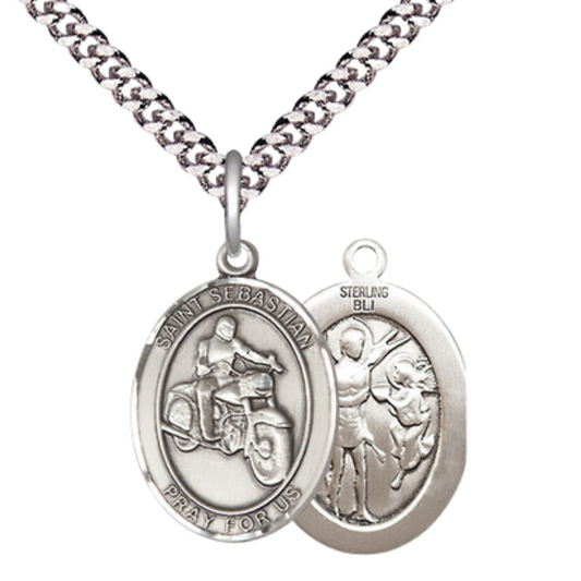 Medium Mens Oval Sterling Silver Saint Sebastian Motorcycle Medal Pendant on 24" Rhodium Plated Heavy Curb Brass Chain w/ Lobster Claw Clasp,Catholic Religious Necklace -Made in USA-Gift Boxed
