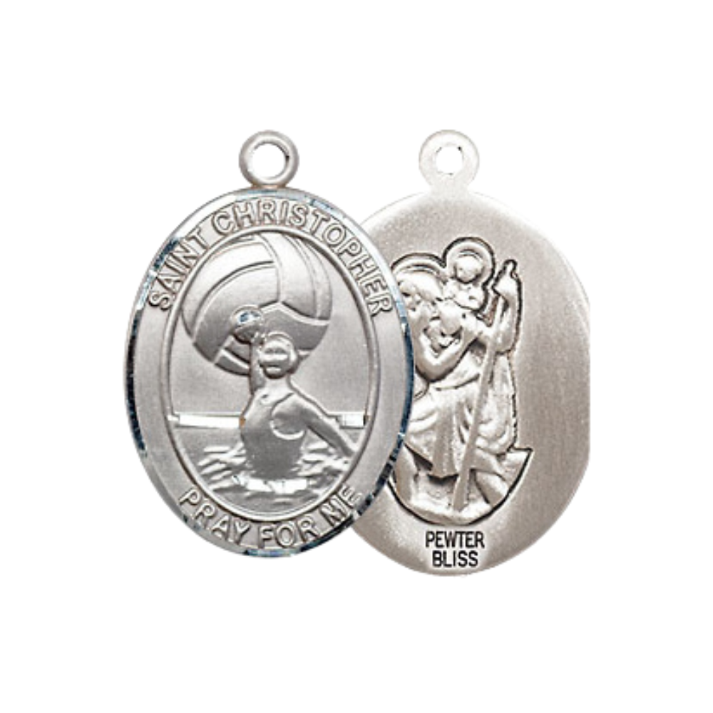 Everlasting Light Jewelry Medium Women's Pewter Saint St. Christopher Water Polo- Men Pendant Necklace on 18- inch Rhodium- Plated Lite Curb Brass Chain – Patron Saint St. of Travelers, Catholic Medal – Velvet Gift Box Included