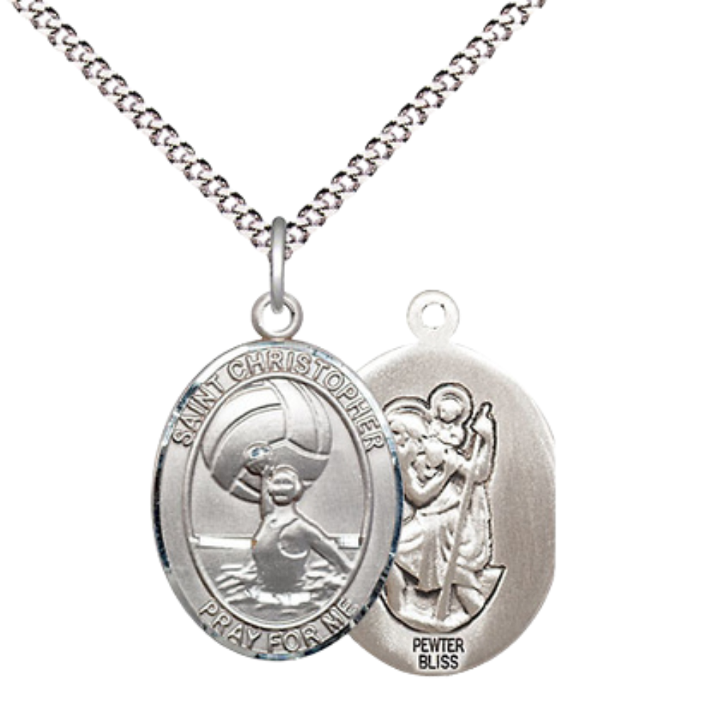 Everlasting Light Jewelry Medium Women's Pewter Saint St. Christopher Water Polo- Men Pendant Necklace on 18- inch Rhodium- Plated Lite Curb Brass Chain – Patron Saint St. of Travelers, Catholic Medal – Velvet Gift Box Included