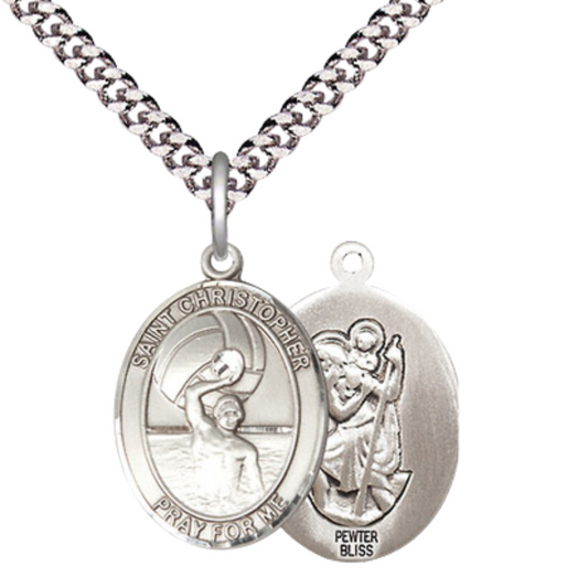 Medium Mens Oval Pewter Saint St. Christopher Water Polo- Men Medal Pendant on 24 Inch Rhodium Plated Heavy Curb Brass Chain w/ Lobster Claw Clasp, Catholic Religious Necklace - Made in USA- Velvet Gift Box