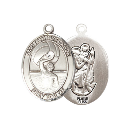 Medium Mens Oval Pewter Saint St. Christopher Water Polo- Men Medal Pendant on 24 Inch Rhodium Plated Heavy Curb Brass Chain w/ Lobster Claw Clasp, Catholic Religious Necklace - Made in USA- Velvet Gift Box