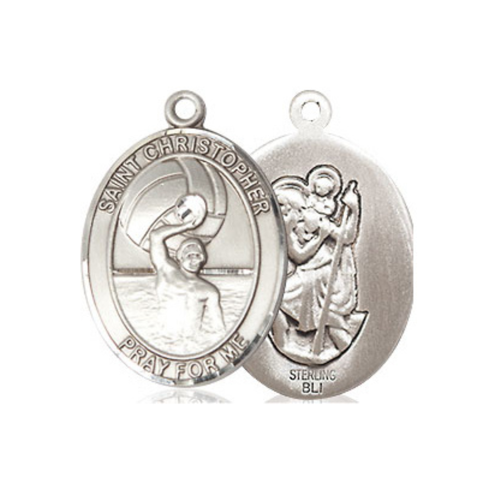 Medium Women's .925 Sterling Silver Saint St. Christopher Water Polo- Men Pendant Necklace on 18 Inch Rhodium Plated Lite Curb Brass Chain – Patron Saint St. of Travelers & Motorists, Catholic Medal – Velvet Gift Box Included
