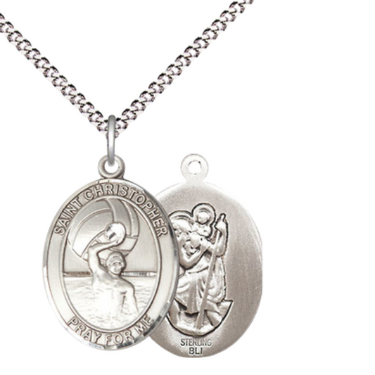 Medium Women's .925 Sterling Silver Saint St. Christopher Water Polo- Men Pendant Necklace on 18 Inch Rhodium Plated Lite Curb Brass Chain – Patron Saint St. of Travelers & Motorists, Catholic Medal – Velvet Gift Box Included