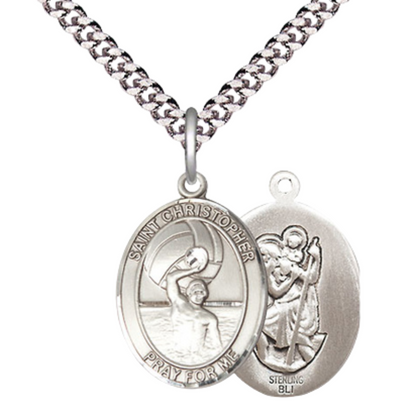 Medium Mens Sterling Silver Saint Christopher Water Polo-Men Medal Pendant on 24" Rhodium Plated Heavy Curb Brass Chain w/ Lobster Claw Clasp,Catholic Religious Necklace -Made in USA-Gift Boxed