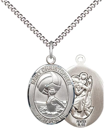 Everlasting Light Jewelry Medium Women's Pewter Saint St. Christopher Water Polo- Women Pendant Necklace on 18- inch Rhodium- Plated Lite Curb Brass Chain – Patron Saint St. of Travelers, Catholic Medal – Velvet Gift Box Included