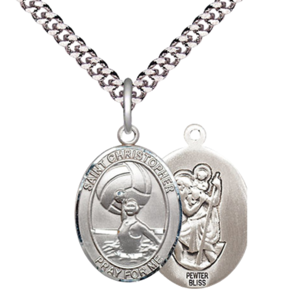 Medium Mens Oval Pewter Saint Christopher Water Polo-Women Medal Pendant on 24" Rhodium Plated Heavy Curb Brass Chain w/ Lobster Claw Clasp,Catholic Religious Necklace -Made in USA-Velvet Gift Box