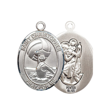 Medium Men's Pewter Saint Christopher Water Polo-Women Medal Pendant on 24 Inch Endless Rhodium Plated Heavy Curb Brass Chain, Catholic Religious Necklace -Made in USA- Deluxe Velvet Gift Box