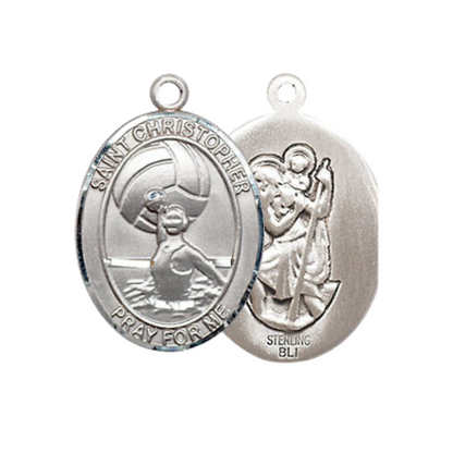 Medium .925 Sterling Silver Saint St. Christopher Water Polo- Women Pendant Necklace on 18 Inch Rhodium Plated Lite Curb Brass Chain – Patron Saint St. of Travelers & Motorists, Catholic Medal – Velvet Gift Box Included