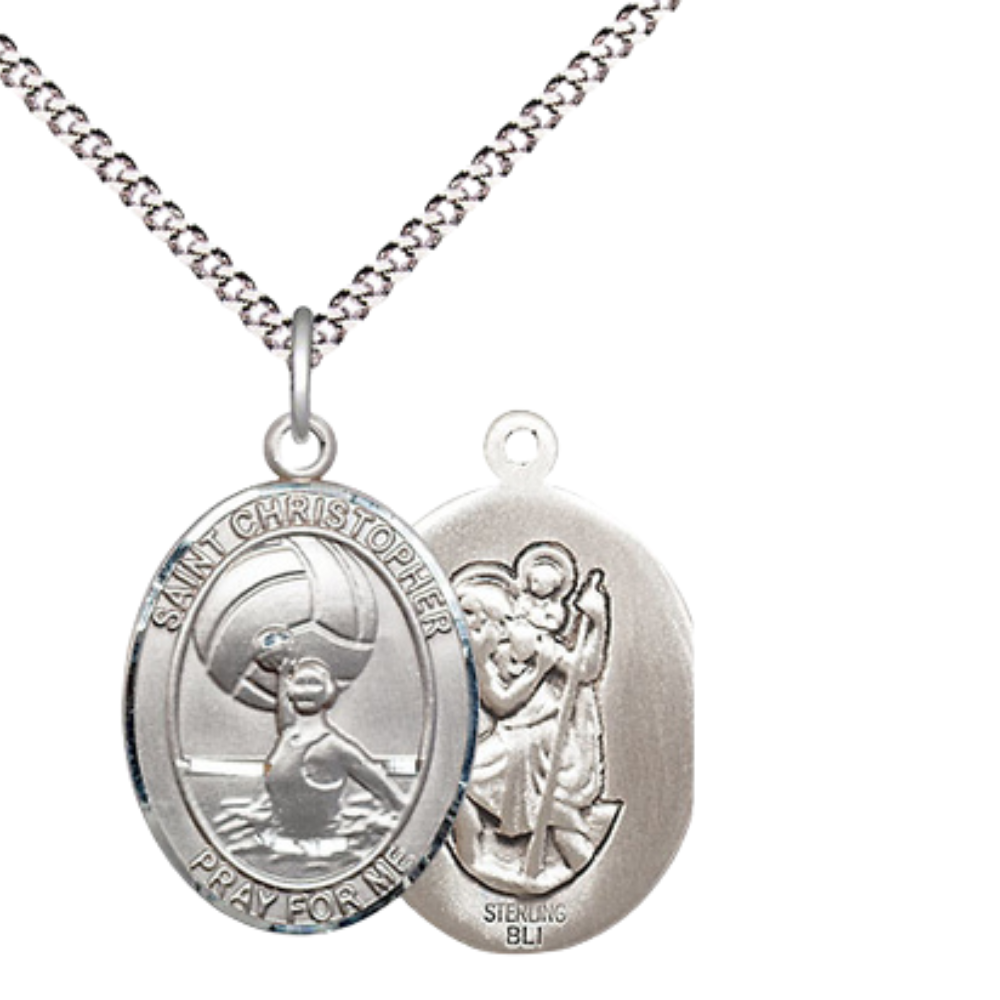 Medium .925 Sterling Silver Saint St. Christopher Water Polo- Women Pendant Necklace on 18 Inch Rhodium Plated Lite Curb Brass Chain – Patron Saint St. of Travelers & Motorists, Catholic Medal – Velvet Gift Box Included