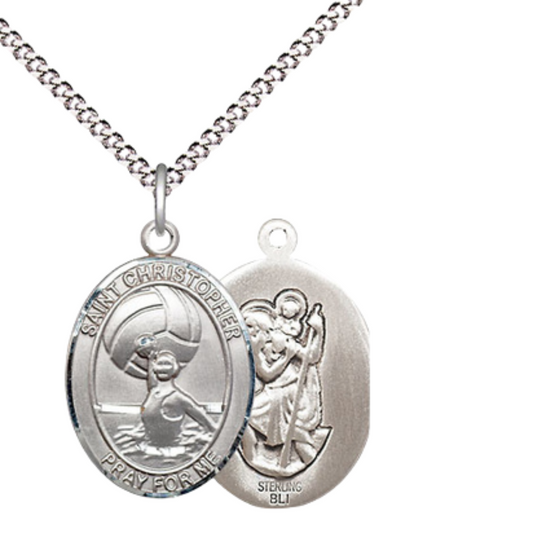 Medium .925 Sterling Silver Saint St. Christopher Water Polo- Women Pendant Necklace on 18 Inch Rhodium Plated Lite Curb Brass Chain – Patron Saint St. of Travelers & Motorists, Catholic Medal – Velvet Gift Box Included