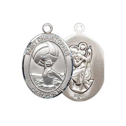 Medium Men's .925 Sterling Silver Saint St.Christopher Water Polo-Women Medal Pendant on 24" Endless Rhodium Plated Heavy Curb Brass Chain, Catholic Religious Necklace-Made in USA-Deluxe Velvet Gift Box