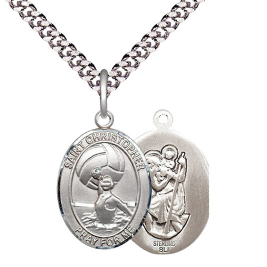 Medium Mens Sterling Silver Saint Christopher Water Polo-Women Medal Pendant on 24" Rhodium Plated Heavy Curb Brass Chain w/ Lobster Claw Clasp,Catholic Religious Necklace -Made in USA-Gift Boxed