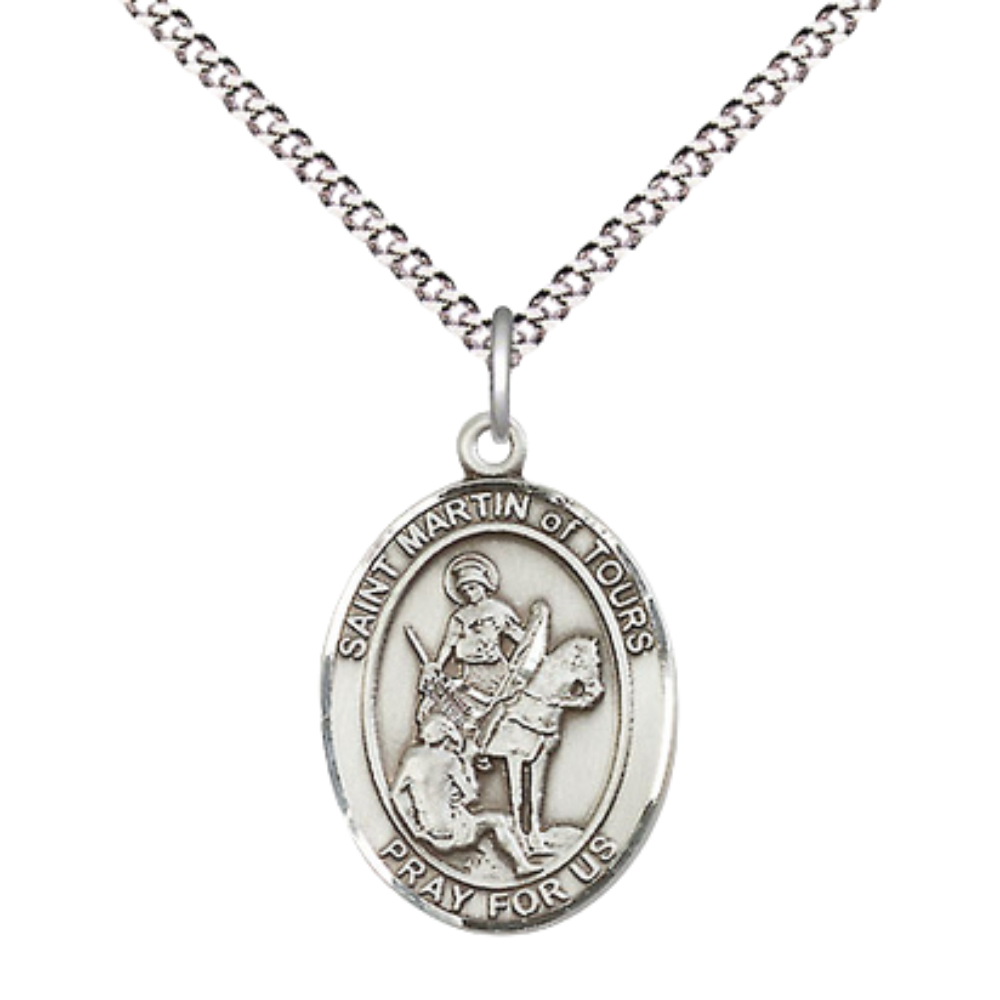 Everlasting Light Jewelry Medium Women's Sterling Silver Saint Martin of Tours Pendant Necklace on 18" Rhodium Plated Lite Curb Brass Chain – Patron Saint of Reformed Alcoholics – Velvet Gift Box Included