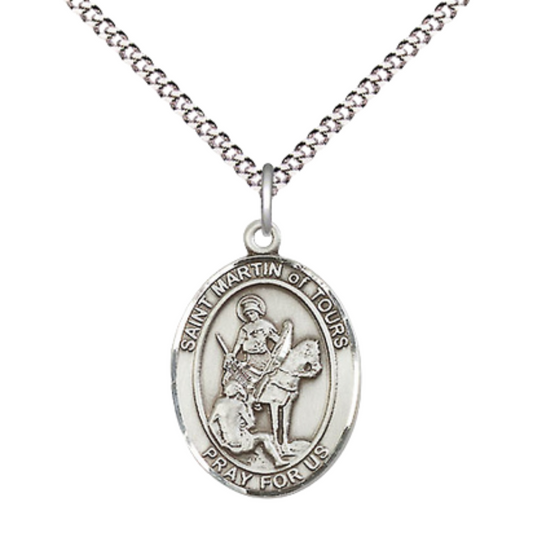 Everlasting Light Jewelry Medium Women's Sterling Silver Saint Martin of Tours Pendant Necklace on 18" Rhodium Plated Lite Curb Brass Chain – Patron Saint of Reformed Alcoholics – Velvet Gift Box Included