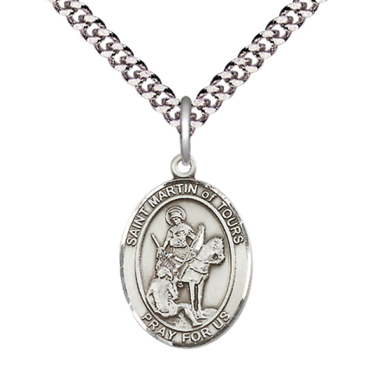 Everlasting Light Jewelry Medium Men's Pewter Patron Saint St.Martin of Tours Medal Pendant with 24" Rhodium Plated Heavy Curb Chain Catholic Religious Necklace - Made in USA, Deluxe Velvet Gift Box