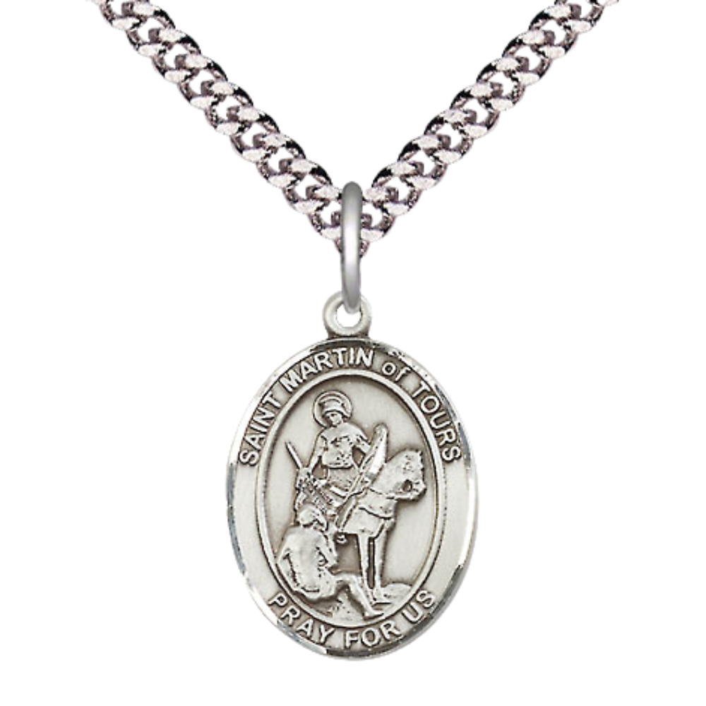 Medium Men's .925 Sterling Silver Patron Saint St. Martin of Tours Medal Pendant with 24 Inch Rhodium Plated Heavy Curb Chain Catholic Religious Necklace - Made in USA, Deluxe Velvet Gift Box