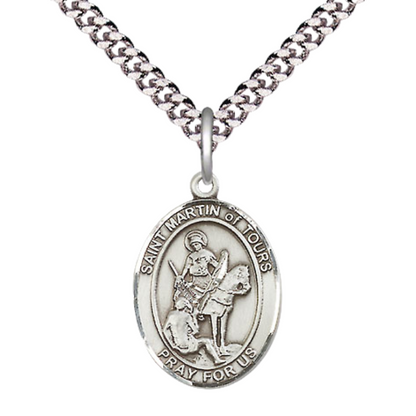 Mens Medium Oval Pewter Saint Martin of Tours Medal Pendant on 24" Rhodium Plated Heavy Curb Brass Chain w/ Lobster Claw Clasp, Catholic Religious Necklace -Made in USA-Velvet Gift Box
