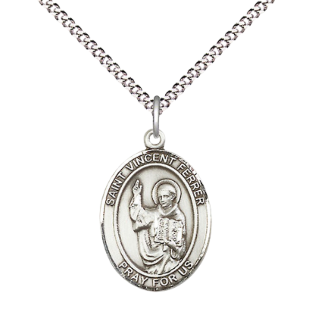 Everlasting Light Jewelry Medium Women's Pewter Saint St. Vincent Ferrer Pendant Necklace on 18- inch Rhodium- Plated Lite Curb Brass Chain – Patron Saint St. of Construction Workers, Catholic Medal – Velvet Gift Box Included