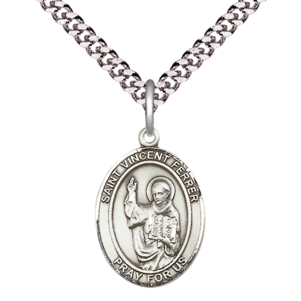 Mens Medium Oval Pewter Saint St. Vincent Ferrer Medal Pendant on 24 Inch Rhodium Plated Heavy Curb Brass Chain w/ Lobster Claw Clasp, Catholic Religious Necklace - Made in USA- Velvet Gift Box