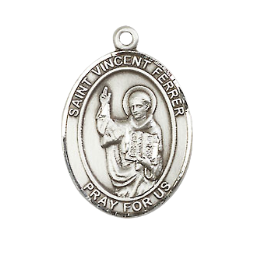 Medium Men's .925 Sterling Silver Patron Saint St.Vincent Ferrer Medal Pendant with 24" Rhodium Plated Heavy Curb Chain Catholic Religious Necklace - Made in USA,Deluxe Velvet Gift Box