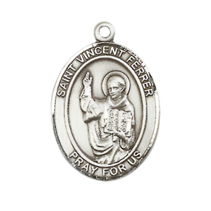 Medium Men's .925 Sterling Silver Patron Saint St.Vincent Ferrer Medal Pendant with 24" Rhodium Plated Heavy Curb Chain Catholic Religious Necklace - Made in USA,Deluxe Velvet Gift Box