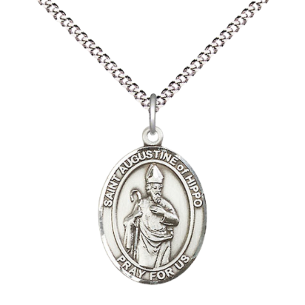 Everlasting Light Jewelry Medium Women's Pewter Saint St. Augustine of Hippo Pendant Necklace on 18- inch Rhodium- Plated Lite Curb Brass Chain – Patron Saint St. of Brewers & Theologians, Catholic Medal – Velvet Gift Box Included