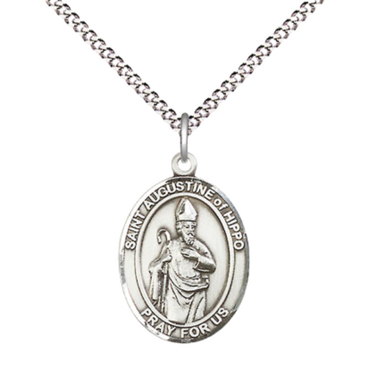 Medium Women's .925 Sterling Silver Saint St. Augustine of Hippo Pendant Necklace on 18 Inch Rhodium Plated Lite Curb Brass Chain – Patron Saint St. of Brewers and Theologians, Catholic Medal – Velvet Gift Box Included