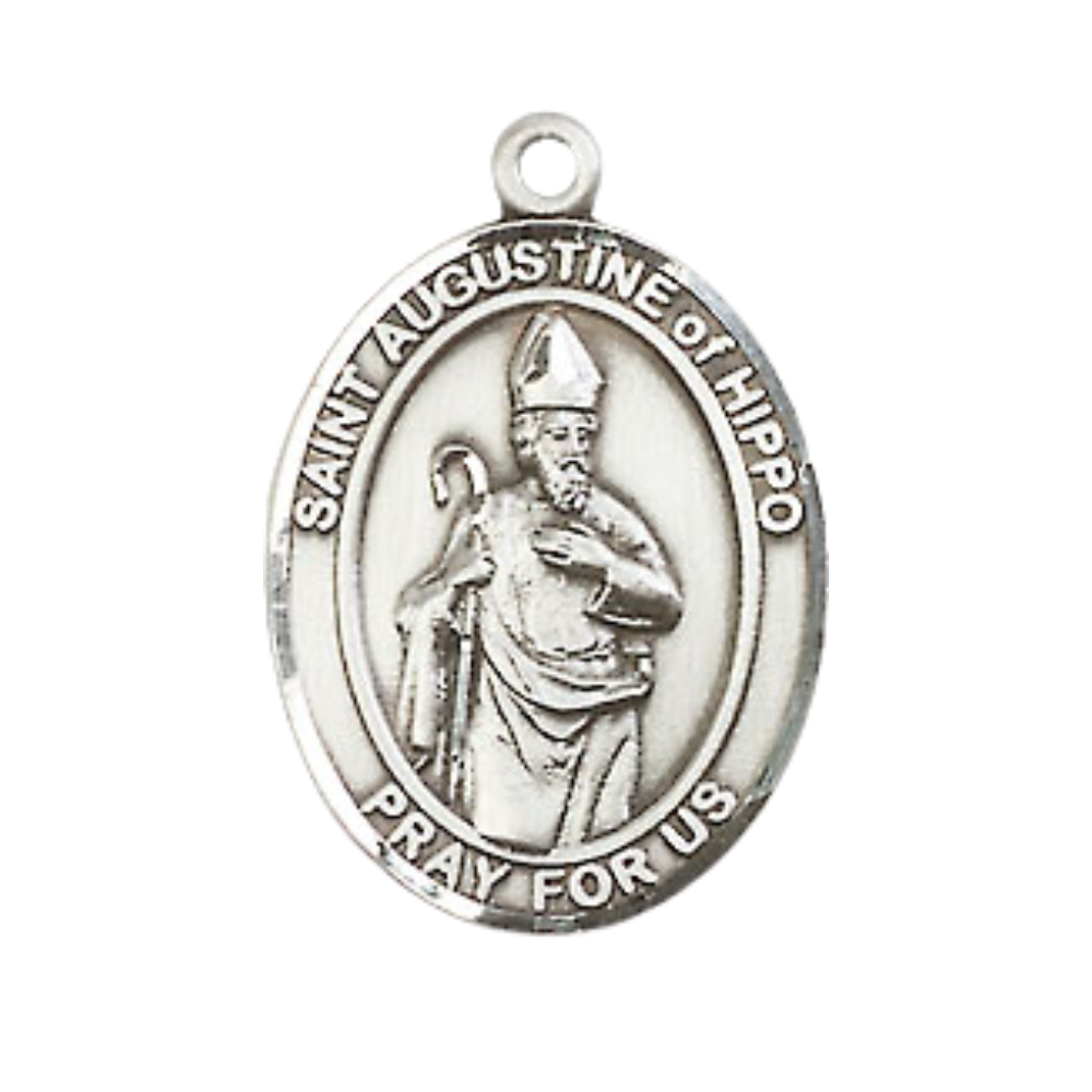 Medium Men's Pewter Saint St. Augustine of Hippo Medal Pendant on 24 Inch Endless Rhodium Plated Heavy Curb Brass Chain, Catholic Religious Necklace - Made in USA- Deluxe Velvet Gift Box