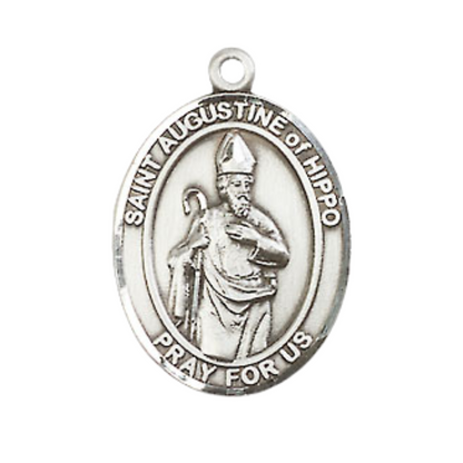 Mens Medium Oval Pewter Saint St. Augustine of Hippo Medal Pendant on 24 Inch Rhodium Plated Heavy Curb Brass Chain w/ Lobster Claw Clasp, Catholic Religious Necklace - Made in USA- Velvet Gift Box