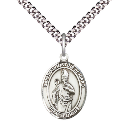 Medium Men's Pewter Saint St. Augustine of Hippo Medal Pendant on 24 Inch Endless Rhodium Plated Heavy Curb Brass Chain, Catholic Religious Necklace - Made in USA- Deluxe Velvet Gift Box