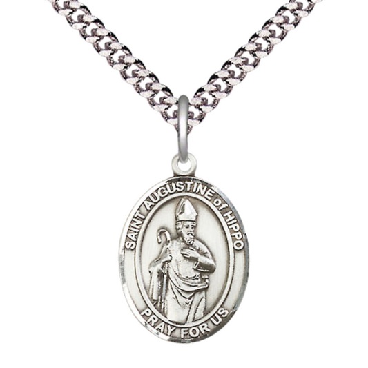 Everlasting Light Jewelry Medium Men's .925 Sterling Silver Saint St. Augustine of Hippo Medal Pendant with 24 Inch Rhodium Plated Heavy Curb Chain Catholic Religious Necklace - Made in USA, Deluxe Velvet Gift Box