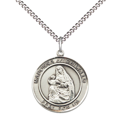 Medium Women's .925 Sterling Silver Madonna del Ghisallo Pendant Necklace – ¾” x ?” Medal on 18 Inch Rhodium- Plated Lite Curb Brass Chain with Lobster Claw Clasp, Catholic Medal - Patron Saint. of Cyclists – Velvet Gift Box