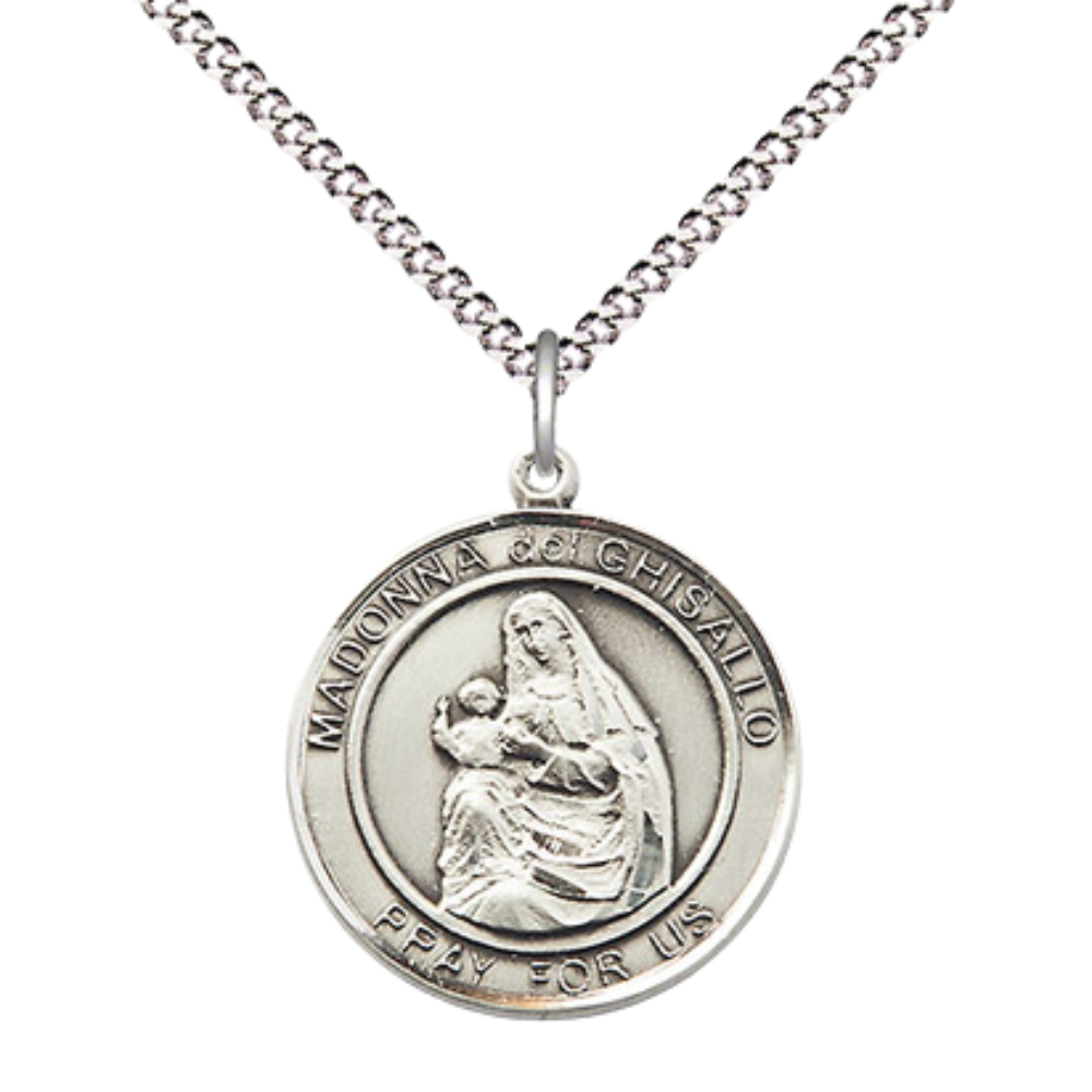 Medium Women's Pewter Madonna del Ghisallo Medal Pendant on 18 Inch Rhodium Plated Lite Curb Brass Chain w/ Lobster Claw clasp, Catholic Religious Necklace - Made in USA - Deluxe Velvet Gift Box