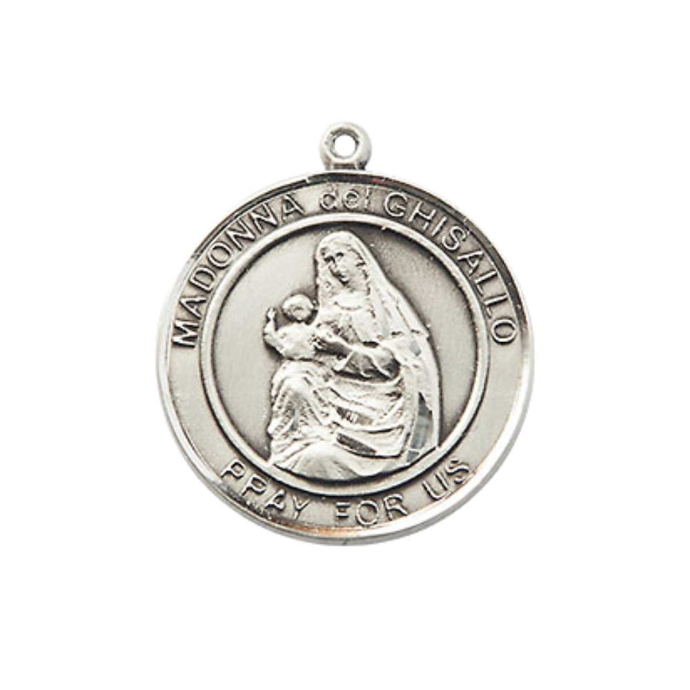 Everlasting Light Jewelry Medium Men's Pewter Madonna del Ghisallo Medal Pendant on 24 Inch Endless Rhodium Plated Heavy Curb Brass Chain, Catholic Religious Necklace - Made in USA- Deluxe Velvet Gift Box