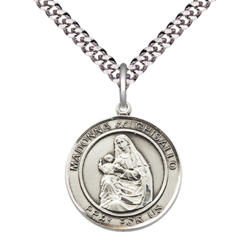 Medium Men's .925 Sterling Silver Madonna del Ghisallo Medal Pendant on 24 Inch Endless Rhodium Plated Heavy Curb Brass Chain, Catholic Religious Necklace - Made in USA- Deluxe Velvet Gift Box