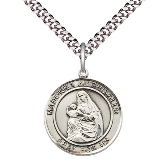 Medium Men's .925 Sterling Silver Madonna del Ghisallo Medal Pendant on 24 Inch Endless Rhodium Plated Heavy Curb Brass Chain, Catholic Religious Necklace - Made in USA- Deluxe Velvet Gift Box