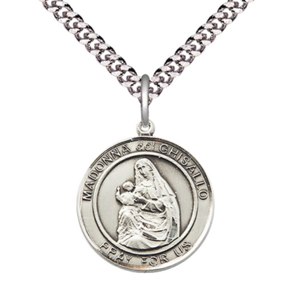Mens Medium Round Pewter Madonna del Ghisallo Medal Pendant on 24 Inch Rhodium Plated Heavy Curb Brass Chain w/ Lobster Claw Clasp, Catholic Religious Necklace - Made in USA- Velvet Gift Box