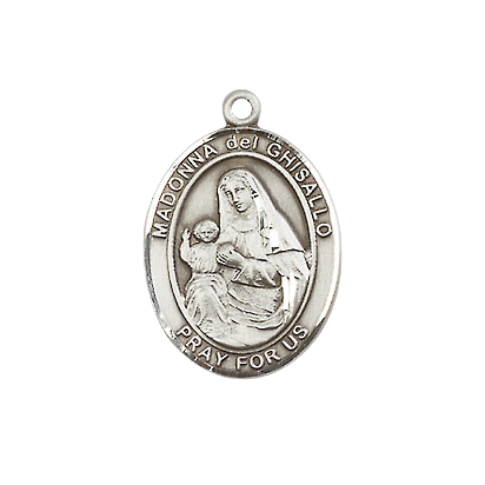 Everlasting Light Jewelry Medium Women's Pewter Saint Madonna Del Ghisallo Pendant Necklace on 18-inch Rhodium-Plated Lite Curb Brass Chain – Patron Saint of Cyclists – Velvet Gift Box Included
