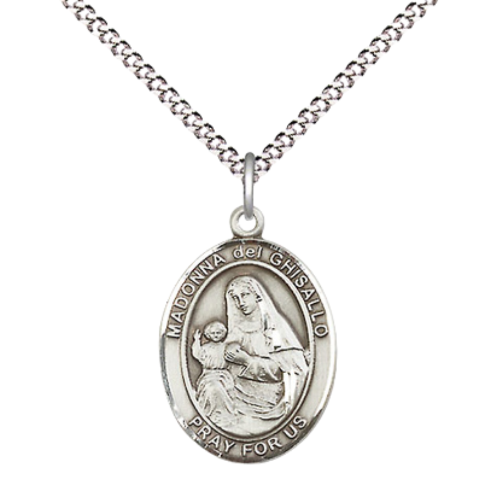 Everlasting Light Jewelry Medium Women's .925 Sterling Silver Saint St. Madonna Del Ghisallo Pendant Necklace on 18 Inch Rhodium Plated Lite Curb Brass Chain – Patron Saint St. of Cyclists, Catholic Medal – Velvet Gift Box Included