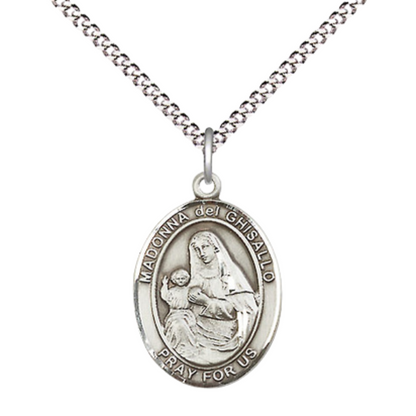 Everlasting Light Jewelry Medium Women's .925 Sterling Silver Saint St. Madonna Del Ghisallo Pendant Necklace on 18 Inch Rhodium Plated Lite Curb Brass Chain – Patron Saint St. of Cyclists, Catholic Medal – Velvet Gift Box Included