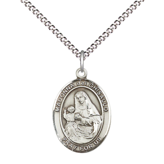 Everlasting Light Jewelry Medium Women's .925 Sterling Silver Saint St. Madonna Del Ghisallo Pendant Necklace on 18 Inch Rhodium Plated Lite Curb Brass Chain – Patron Saint St. of Cyclists, Catholic Medal – Velvet Gift Box Included